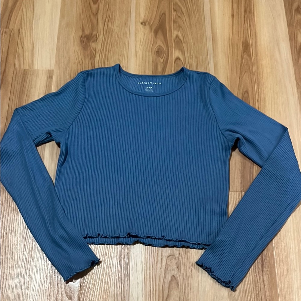 Blue Ribbed Crop Long Sleeve Top